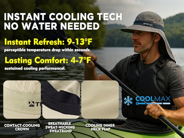 Man wearing TOP-EX cooling sun hat while kayaking, with Coolmax sweat-wicking and cooling