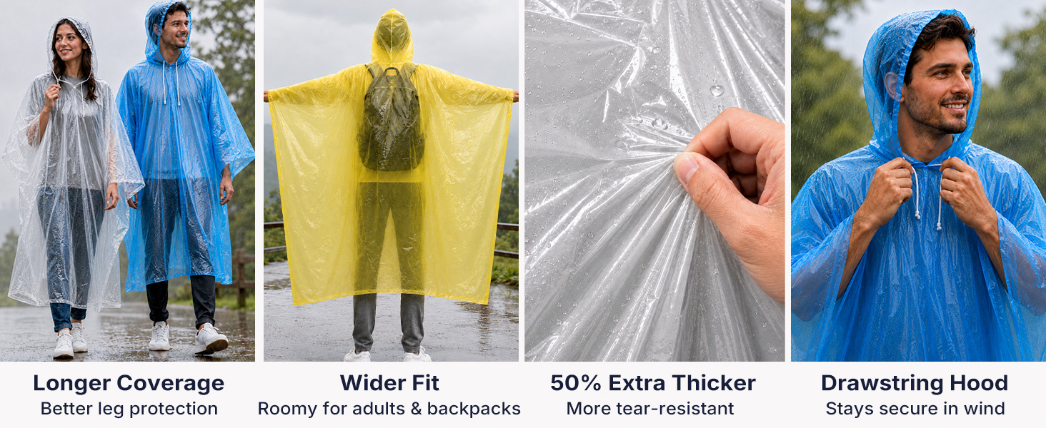 longer coverage roomy tear-resistant drawstring hood rain ponchos
