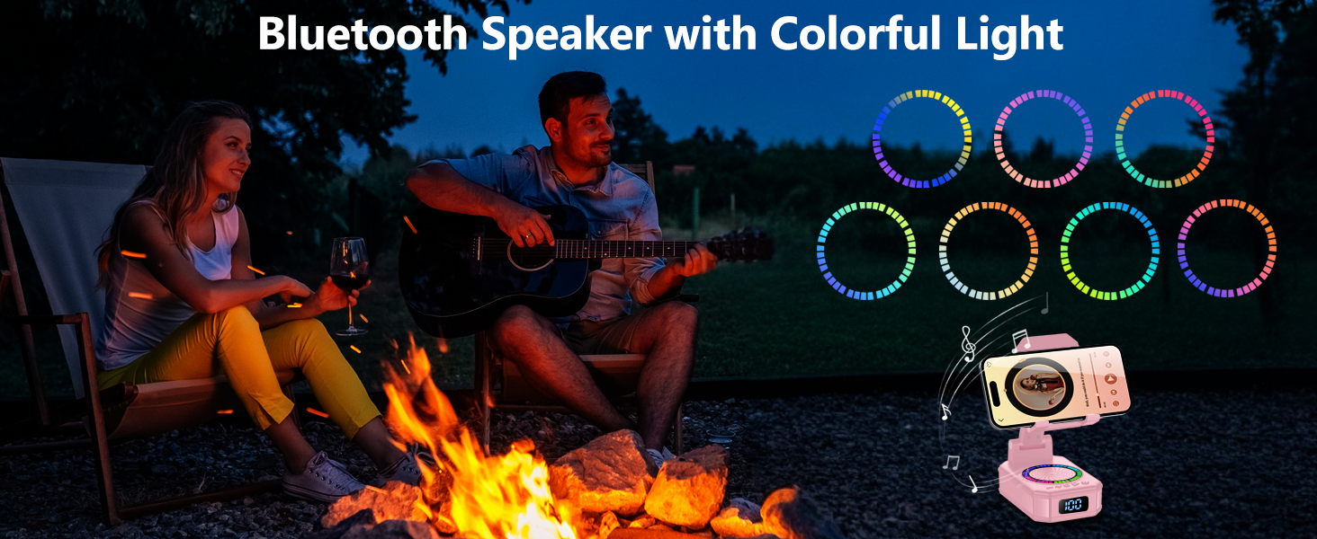 Text reads 'Bluetooth Speaker with Colorful Light'. Images show speaker glowing with multicolored lights in dark settings, including outdoor nighttime scenes with campfire.