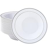JOLLY PARTY 50 Plastic Bowls with Silver Rim-12oz Disposable Soup Bowls - Premium Heavy Duty Plas...