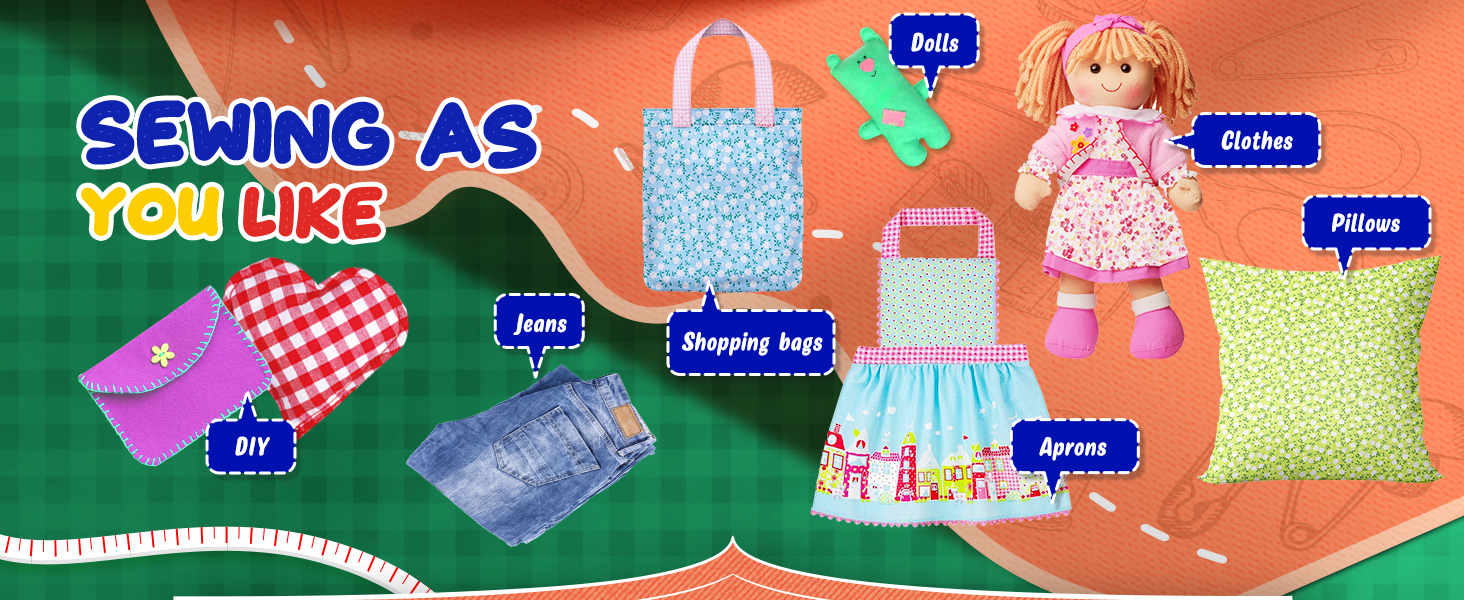 The mini sewing machine can be used to make clothes, jeans, aprons, pillows, dolls, and more.