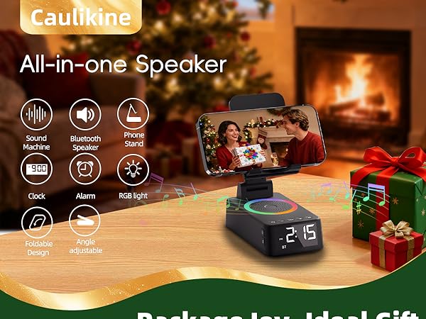 Text reads 'Caulinking' and 'All-in-one Speaker'. Product interface showing audio controls with icons for volume, playback, and settings against warm-lit background.