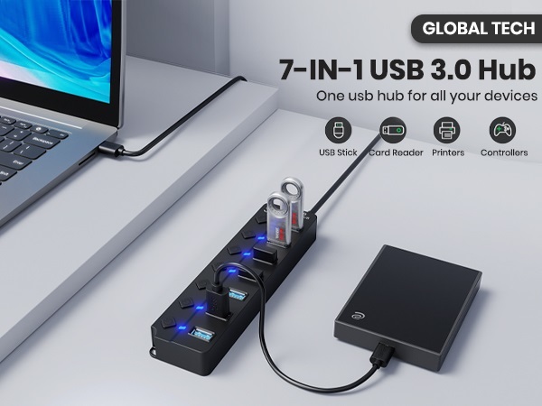 Text reads 'GLOBAL TECH' and '7-IN-1 USB 3.0 Hub'. Shows black USB hub device connected to laptop, featuring multiple ports with blue LED indicators.