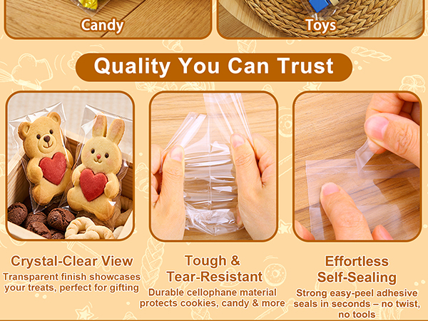 individual cookie wrappers, self sealing bags, resealable cellophane bags, brownie bags