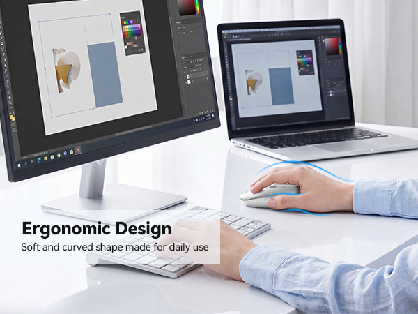 Text reads 'Ergonomic Design' and 'Soft and curved shape made for daily use.' Desktop setup showing computer monitor, laptop, and ergonomic mouse in user's hand during design work.