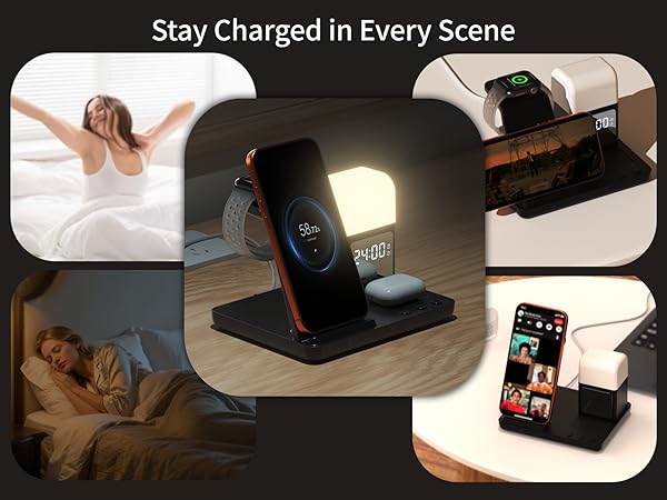 Wireless Charger for iPhone, 6in1 Fast Phone Charger Stand Dock Alarm Clock Night Light
