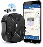 GPS tracking device with 4G connectivity, shown next to smartphone displaying real-time location map. Device is black, compact with angular design. Car and 4G icons indicate vehicle tracking capability.
