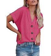 Dokotoo Womens Summer Tops 2025 Waffle Knit Button Down Shirts Casual V Neck Short Sleeve Shacket...