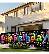 Nuxovilar Happy Birthday Yard Banner - 78.7x17.7" Black Backdrop with Neon Colorful Large Happy B...