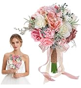 Qeedy Wedding Bouquet for Bride - 8 Inch Realistic Artificial Silk Flowers Rose &amp; Peony, Handmade...