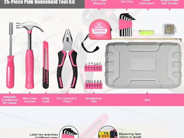 25 piece pink household tool kit