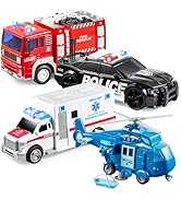 JOYIN 4 Packs Emergency Vehicle Toy Playsets, Friction Powered Vehicles with Light and Sound, Inc...
