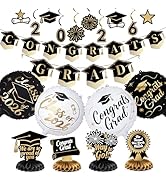 PartyWoo Graduation Decorations Class of 2026 Black Gold 19pcs Grad Party Supplies with Black Gol...
