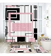 Onalasyc 4Pcs Pink Geometric Shower Curtain with Rugs Set Waterproof Pink Bathroom Sets with Show...