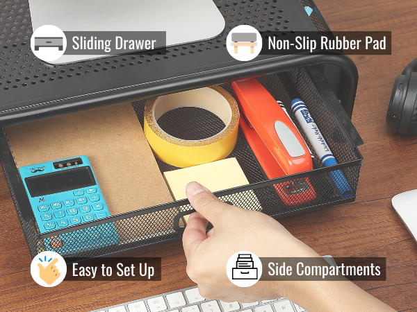 Mr. Pen- Metal Mesh Monitor Stand with Drawer, Computer Monitor Stand for Desk