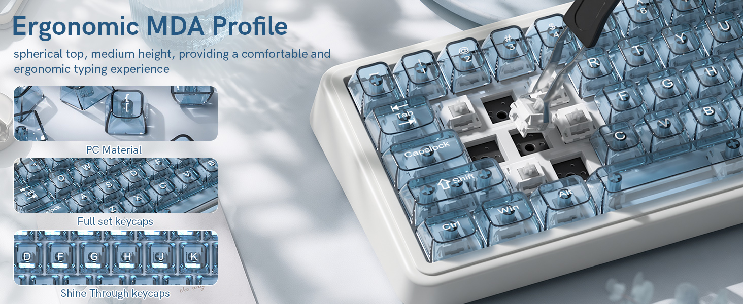 Blue Clear keycaps,Transparent Keyboard keycaps,Jelly Key caps Set,Shine Through keycap,MDA Profile
