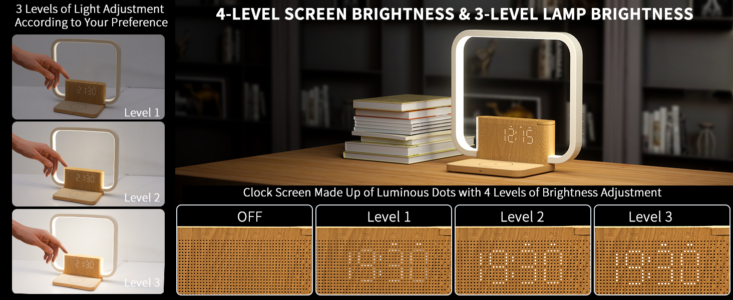 Digital alarm clock with adjustable screen brightness (4 levels) and lamp brightness (3 levels). Shows clock face with different brightness settings.