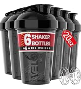 VELOMIX -6 PACK- 20 OZ Protein Shaker Bottles for Protein Mixes, Shaker Cups for Protein Shakes, ...