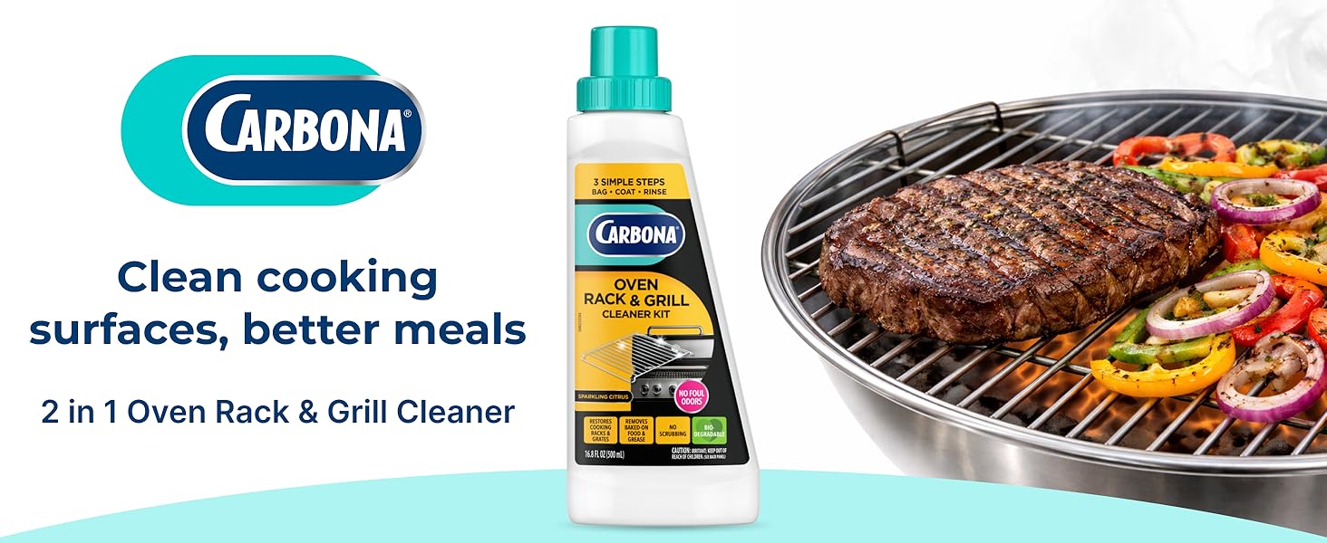 Carbona oven rack and grill cleaner for removing grease and baked-on residue from racks and grates