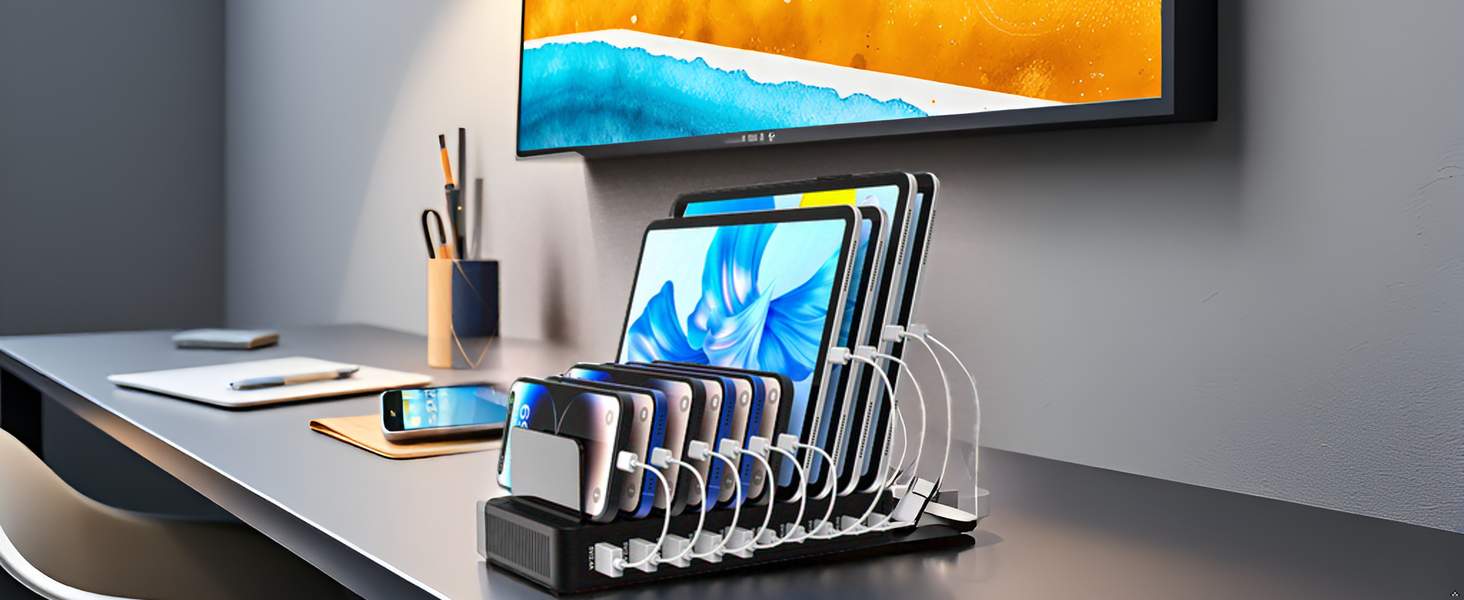 A sleek and modern charging station with multiple ports, neatly organized on a minimalist wooden sur