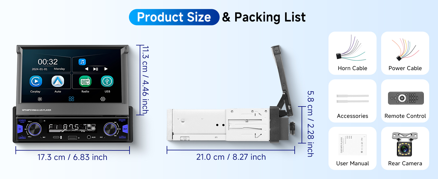 Single Din Car Stereo Screen Flip Out Wireless CarPlay Android Auto