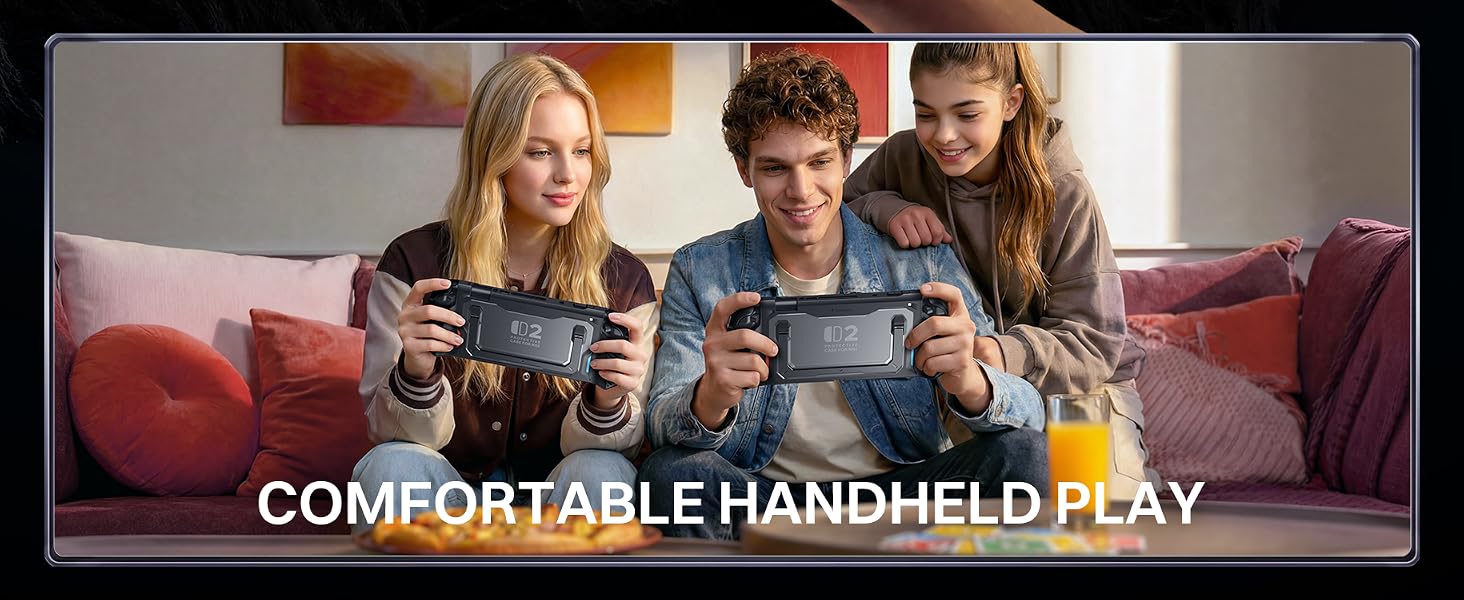 Switch 2 hard case with ergonomic grip for comfortable handheld gaming.