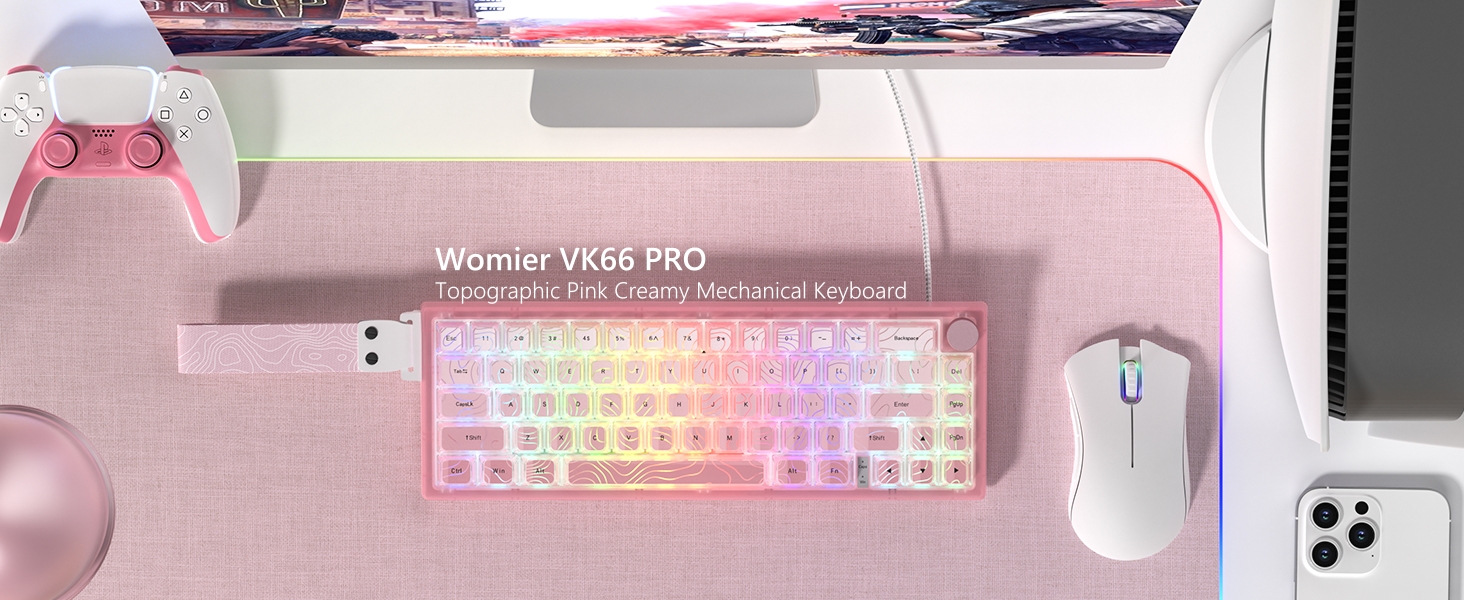 60% Gaming Keyboard Pink, QMK/VIA Creamy Mechanical Keyboard Topographic