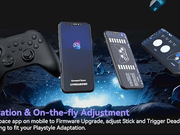 Text reads 'Gamepad Calibration &amp; On-the-fly Adjustment'. Gaming accessories including controller and devices floating against dark background with blue lighting effects.