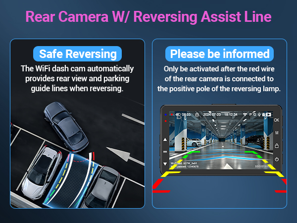 Vehicle backup camera system interface showing parking guide lines and real-time rear view with safety information panels.