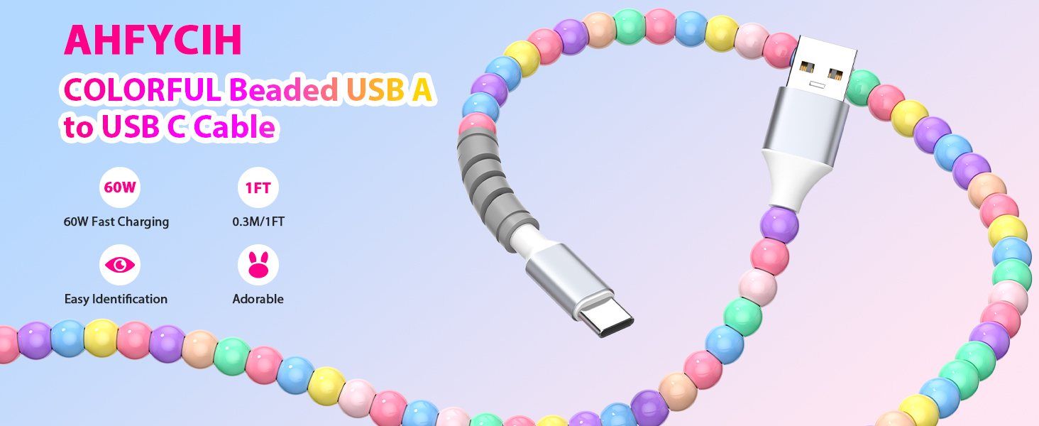 60W Beaded USB A to USB C Carplay Cable 1FT Short for iPhone 17 Pro Max 16 15