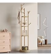 Azaeahom Solid Wood Coat Rack Freestanding, Rotating Coat Rack with 3 Shelves and 9 Hooks, Coat T...