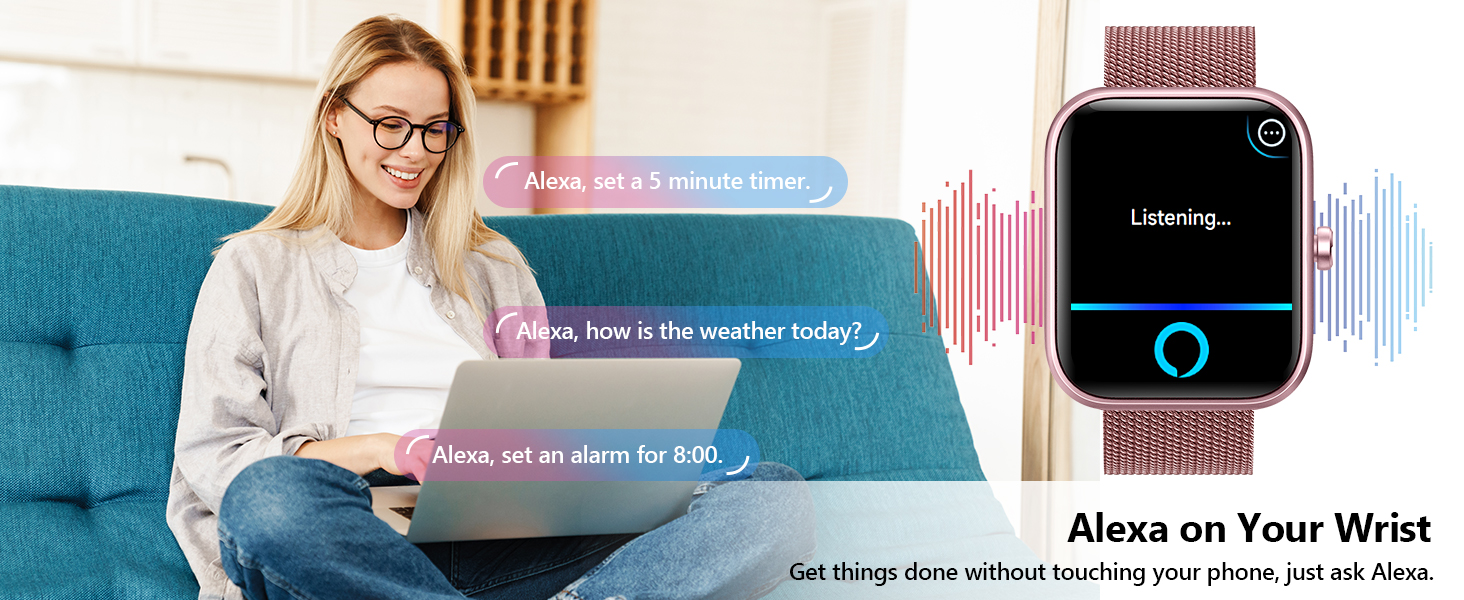 Text reads 'Alexa on Your Wrist' and 'Get things done without touching your phone, just ask Alexa.' Shows smartwatch interface with Alexa voice assistant display and audio waveform visualizations.