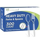 [300 Count] Plastic Cutlery Set Heavy Duty Clear Disposable Fork And Spoon with Engraved Design -...