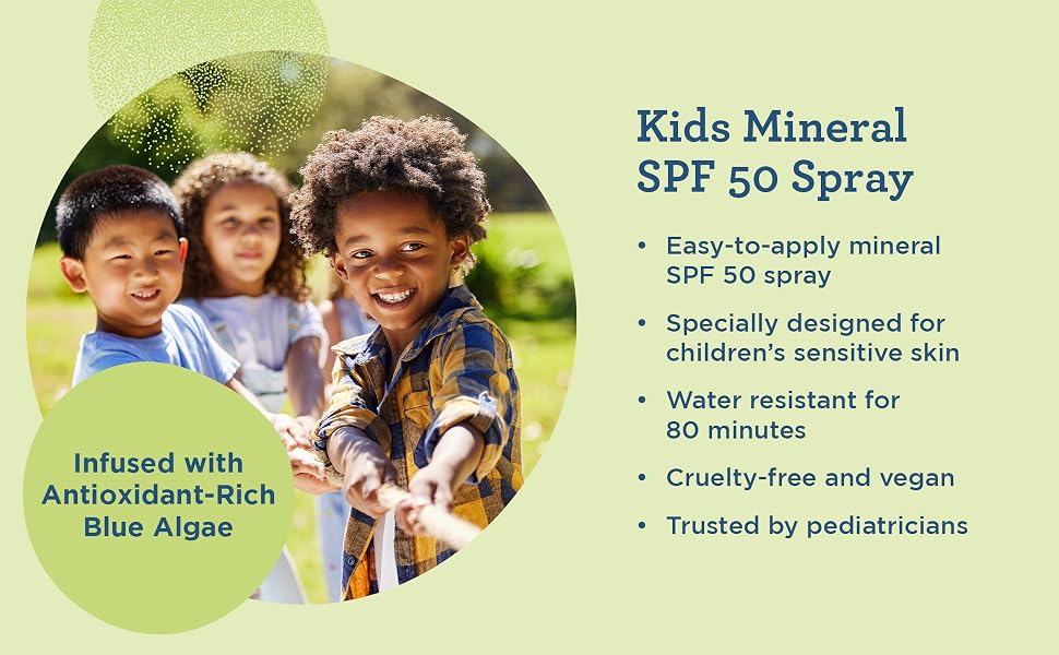 kids mineral spf 50 spray, infused with antioxidant-rich blue algae, easy-to-apply mineral spf spray