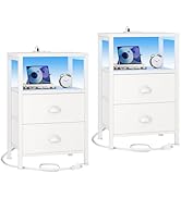 Furologee Nightstands Set of 2, End Tables Set of 2 with Charging Station and LED Lights, White N...