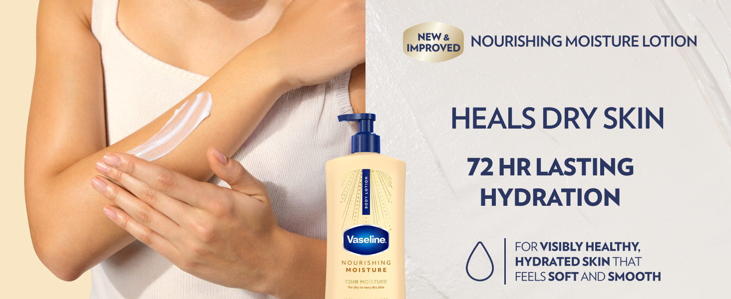 Woman applying Nourishing Moisture Body Lotion to her arm next to text 72 hr lasting hydration.