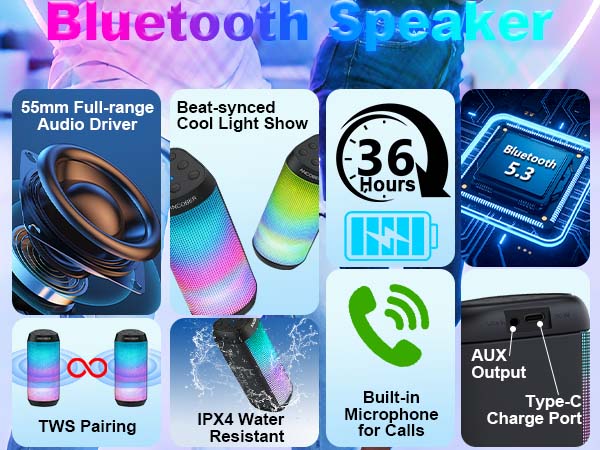 Portable Bluetooth Speaker, loud sound, long battery life, BT 5.3, TWS Pairing