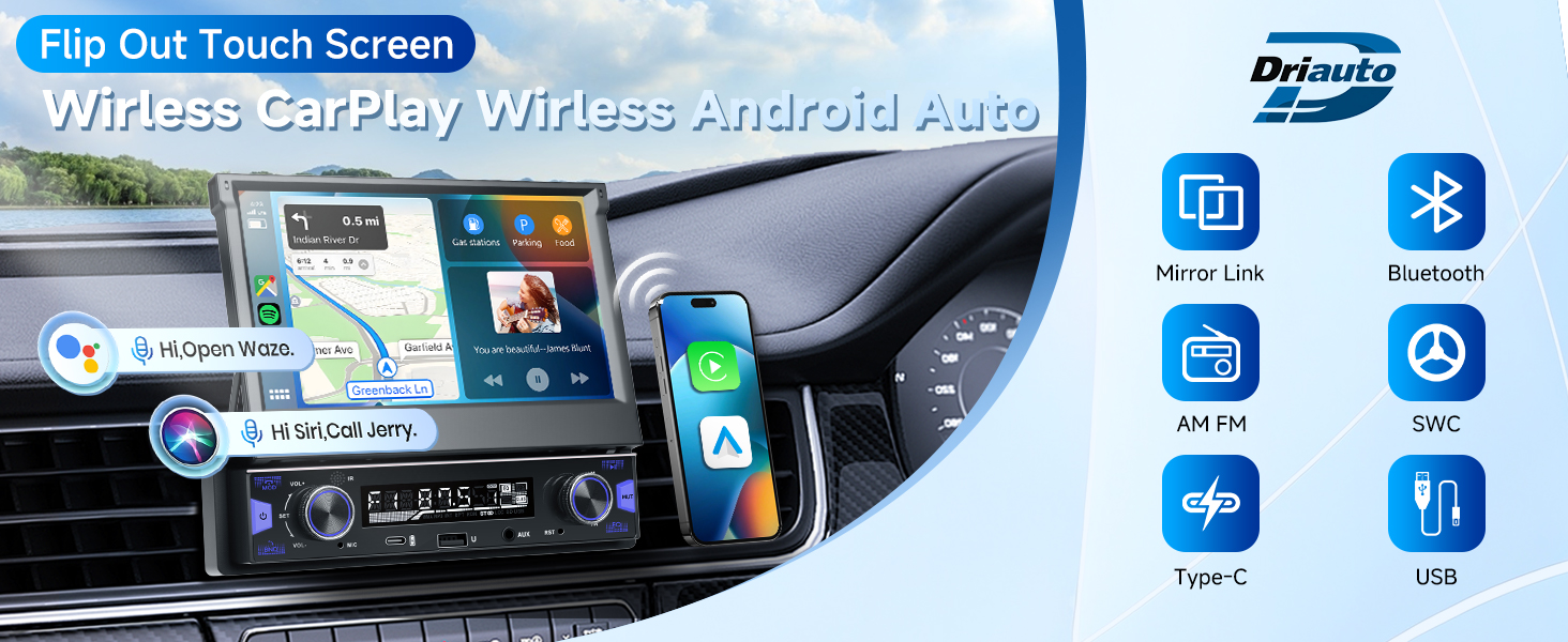 Single Din Car Stereo Screen Flip Out Wireless CarPlay Android Auto