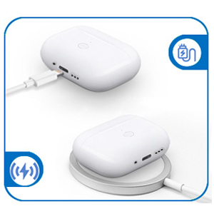 White wireless earbuds with charging case. Two views shown: closed case with earbud and open case with earbud. Icons indicate wireless charging and touch controls.