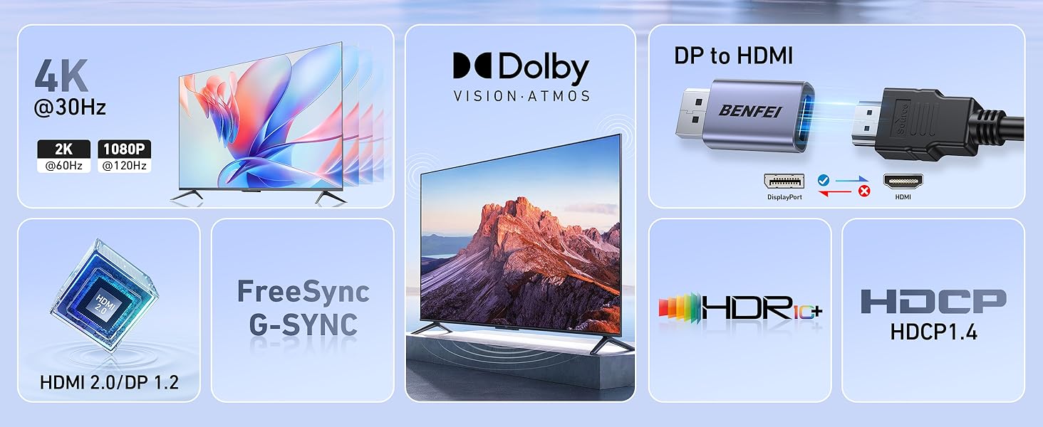 Text includes '4K', 'Dolby', 'HDR+', 'FreeSync', 'HDCP'. Technical specification logos and interface ports for display or entertainment device.