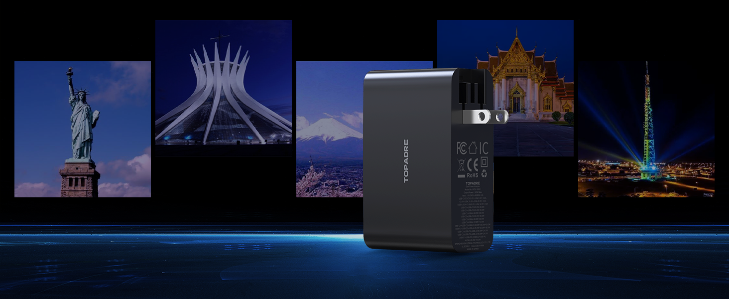 USB C Travel Charger 4-Ports Foldable Travel Adapter Plug Converter with UK/EU/AU Plugs