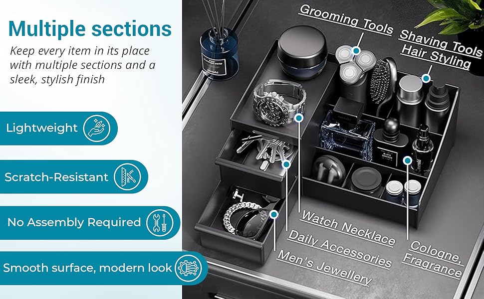 stand organizers for men with body spray and dresser top storage setup