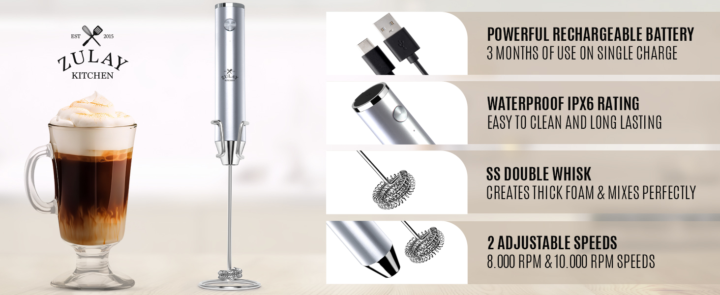 Rechargeable coffee frother with dual-speed motor and waterproof mixer wand for daily use