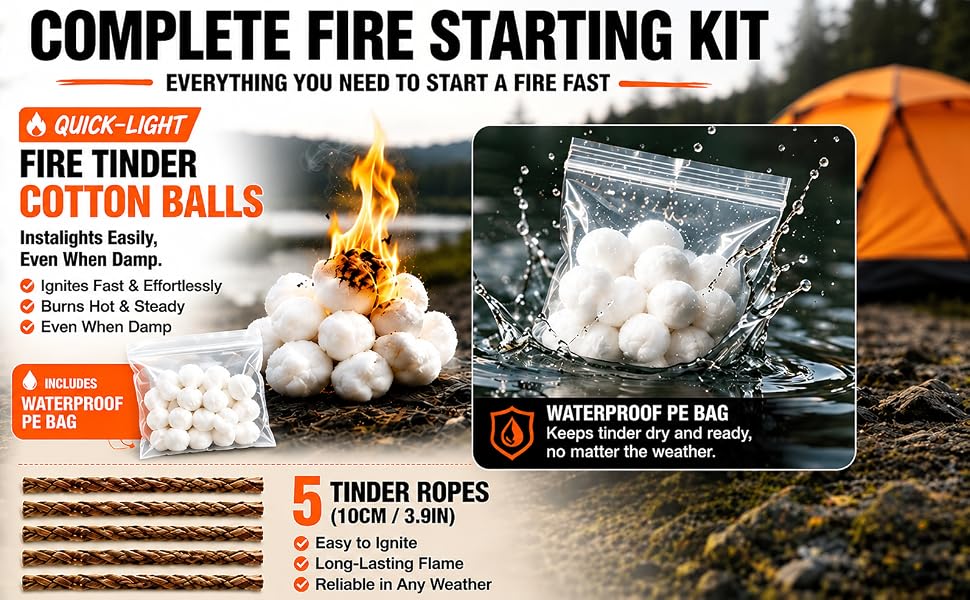 All-in-One Fire Starter Kit: Waterproof Tinder Cotton Balls, Ropes, Fast Ignition in Any Weather