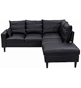 Panana Convertible Sectional Sofa Couch, 3 Seat L-Shaped Couch with Ottoman Set, Modern Balck Lea...