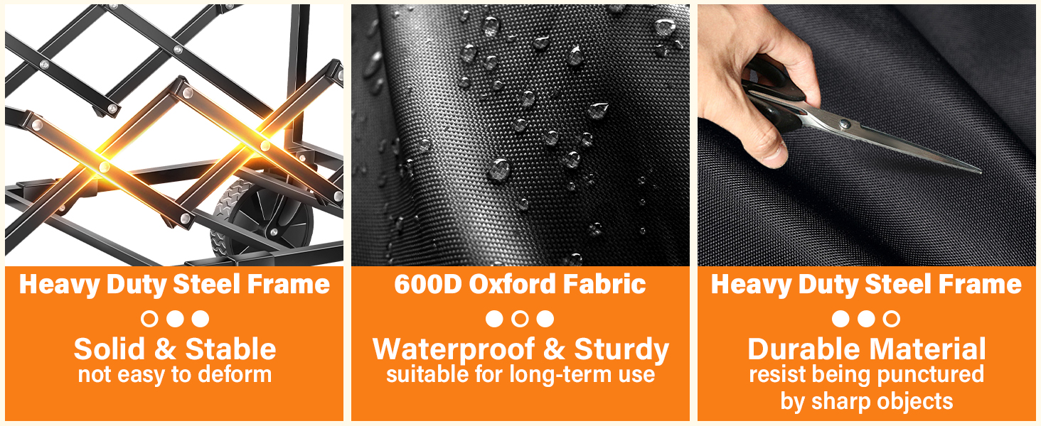 a heavy-duty steel frame and waterproof, puncture-resistant 600D Oxford fabric for durability