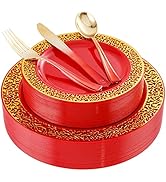 U-QE 150PCS Red and Gold Plastic Plates, Red Disposable Plates with Gold Rim for 30 Guests Includ...