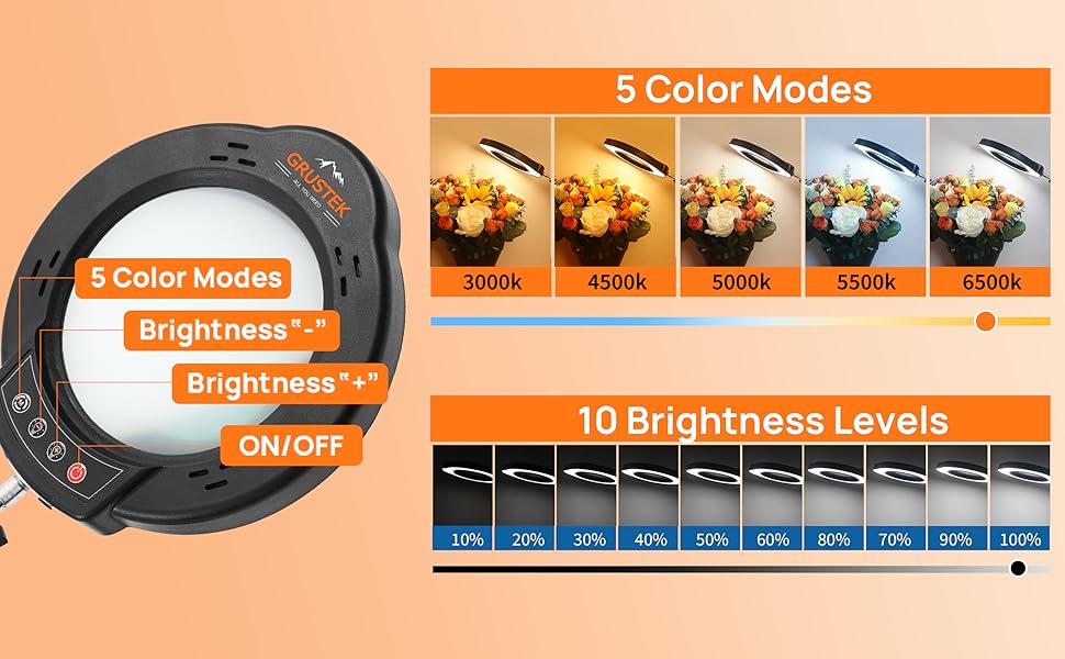 5 color stepless dimmable modes with 10 level brightness
