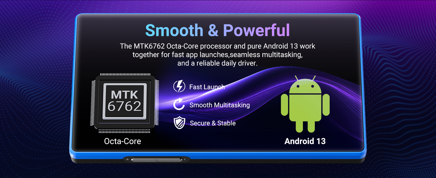Text reads 'Smooth &amp; Powerful', 'Auto Sync'. Dark interface screens with blue illuminated text and icons against black background.