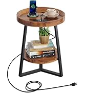 WLIVE Round End Table with Charging Station, Small Round Coffee Table, 2 Tier Side Table for Livi...